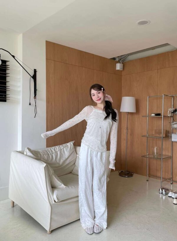 R11 娜比的立體印花木耳捲邊直筒褲