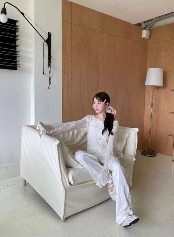 R11 娜比的立體印花木耳捲邊直筒褲