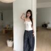 T37 尤朵拉的浪漫彎刀直條紋刷色牛仔褲
