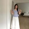 T13 莉娜的荷葉捲邊彈力一字領條紋上衣