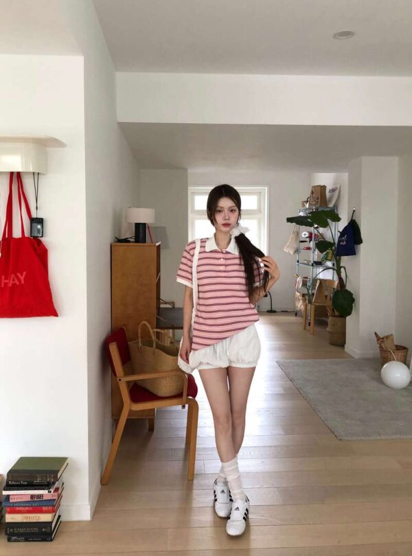 T35 德莉娜的粉色條紋polo衫上衣