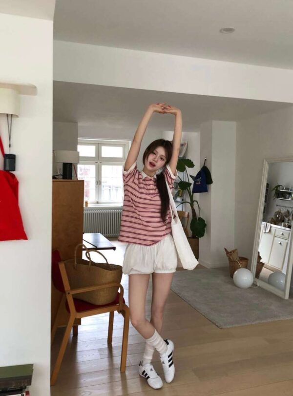T35 德莉娜的粉色條紋polo衫上衣