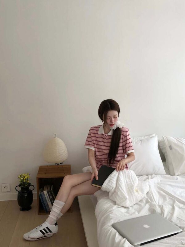 T35 德莉娜的粉色條紋polo衫上衣