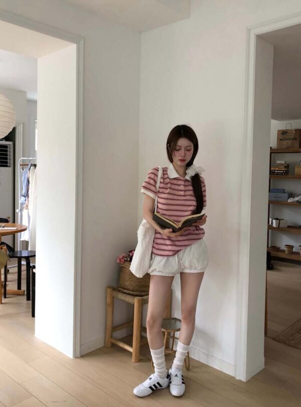 T35 德莉娜的粉色條紋polo衫上衣