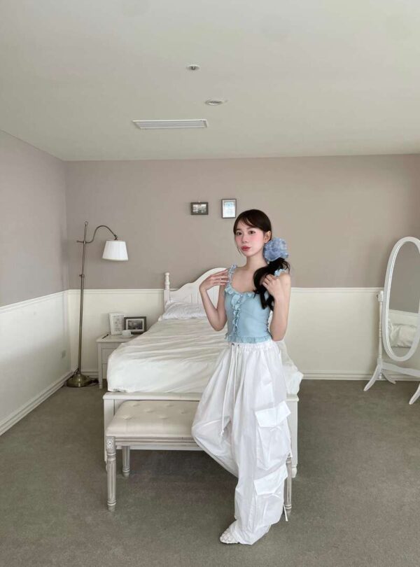 S02 西西里的純白側蝴蝶結抽繩工裝褲