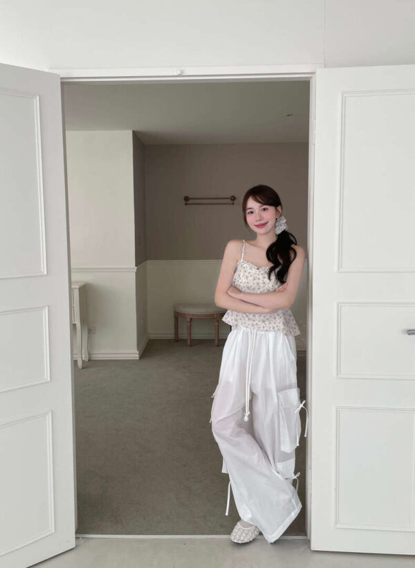 S02 西西里的純白側蝴蝶結抽繩工裝褲