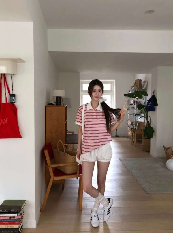 T35 德莉娜的粉色條紋polo衫上衣
