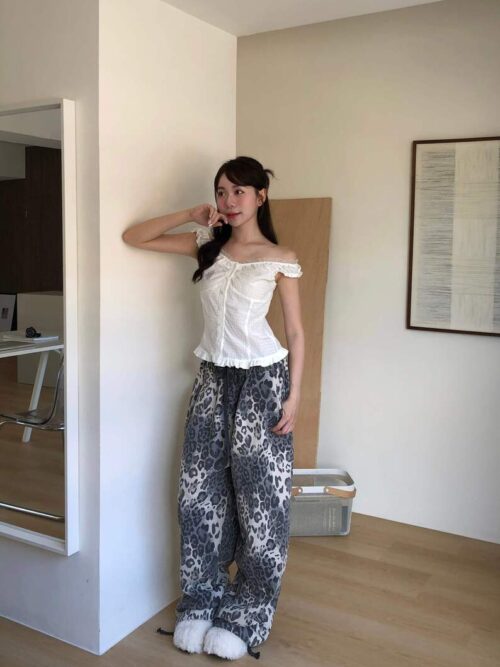 T71 Hasina哈西娜的法式小豹紋寬鬆棉褲