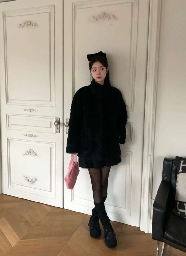 Y34 Bordeaux波爾多的綿羊絨毛中長版外套