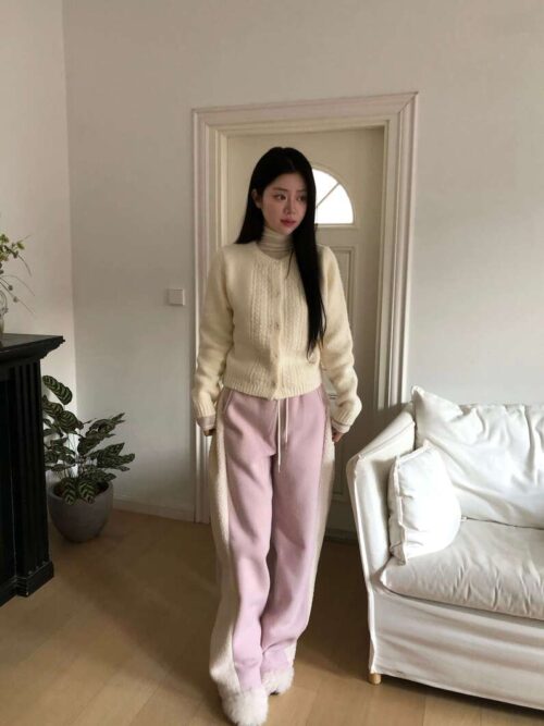 Y12 Judy朱蒂的拼接熊熊絨毛粉色長褲