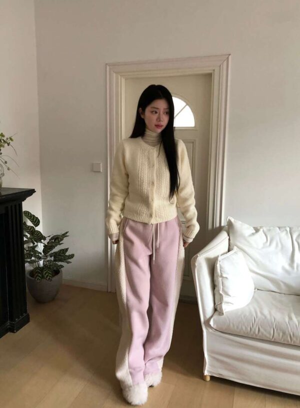 Y12 Judy朱蒂的拼接熊熊絨毛粉色長褲