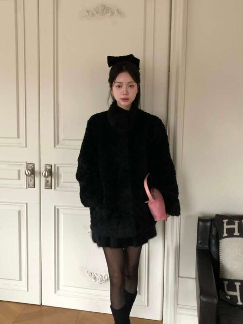 Y34 Bordeaux波爾多的綿羊絨毛中長版外套