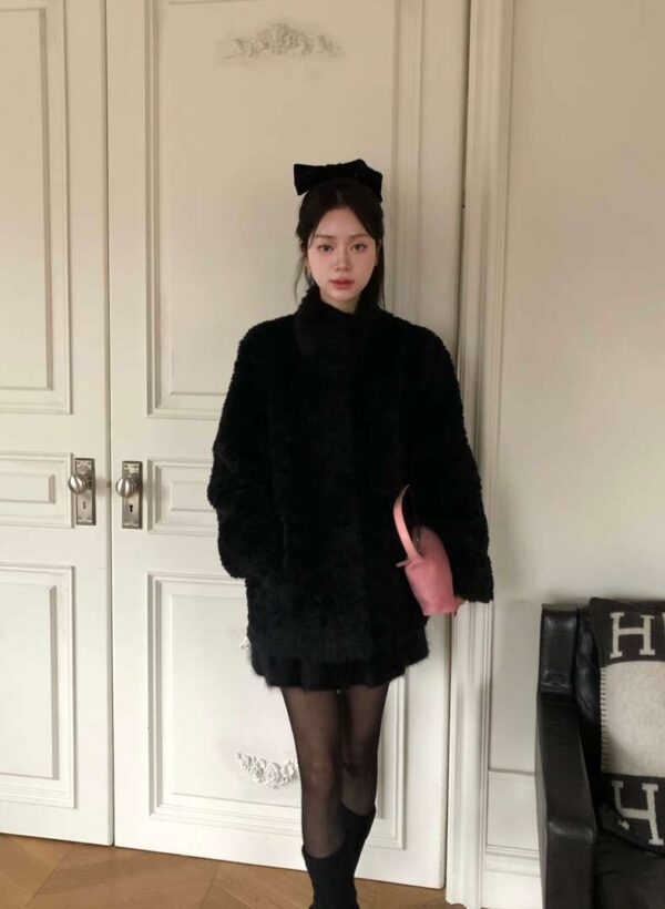 Y34 Bordeaux波爾多的綿羊絨毛中長版外套