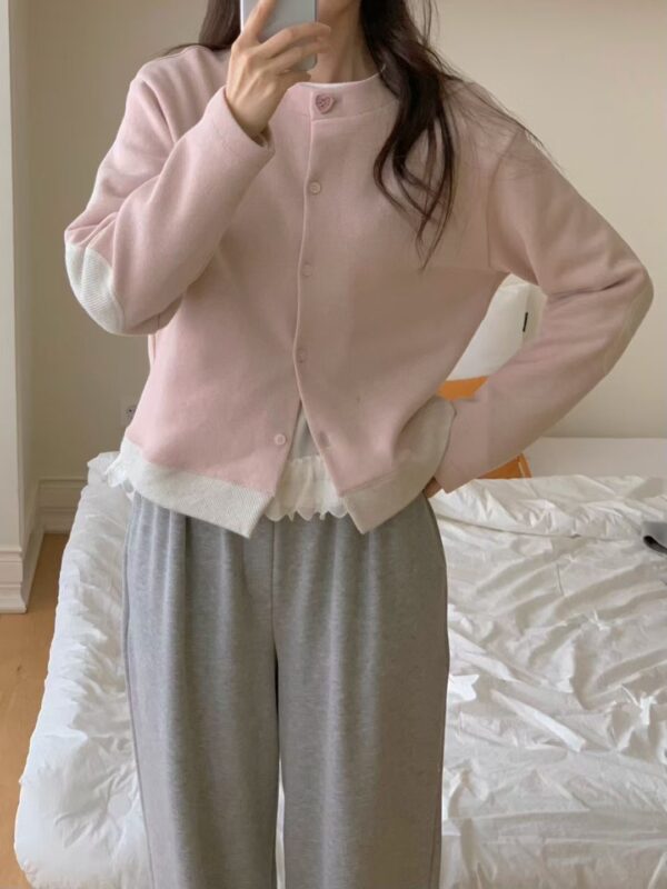 Y04 Serafie瑟拉菲的愛心格紋柔粉拼接針織上衣