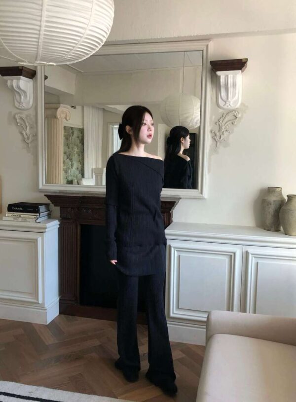 Z08 艾德琳的柔軟彈力針織一字領+裙簾長褲set