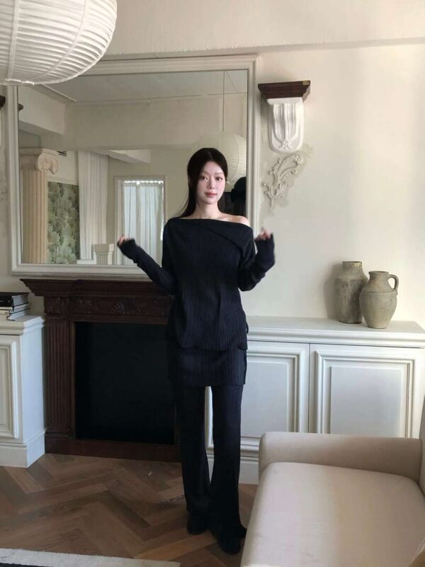 Z08 艾德琳的柔軟彈力針織一字領+裙簾長褲set