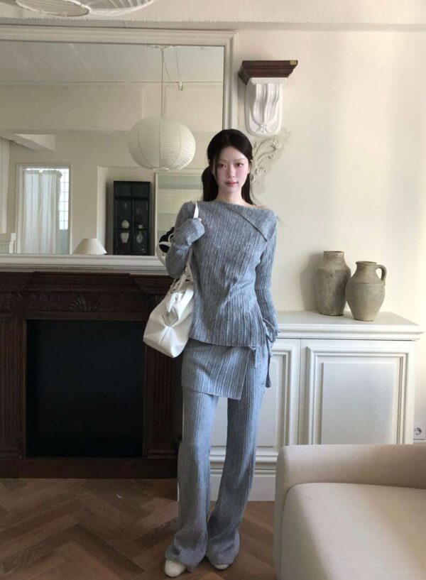 Z08 艾德琳的柔軟彈力針織一字領+裙簾長褲set