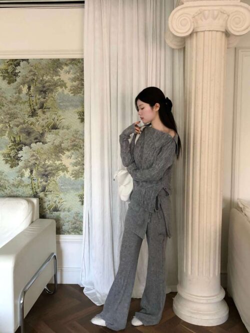 Z08 艾德琳的柔軟彈力針織一字領+裙簾長褲set