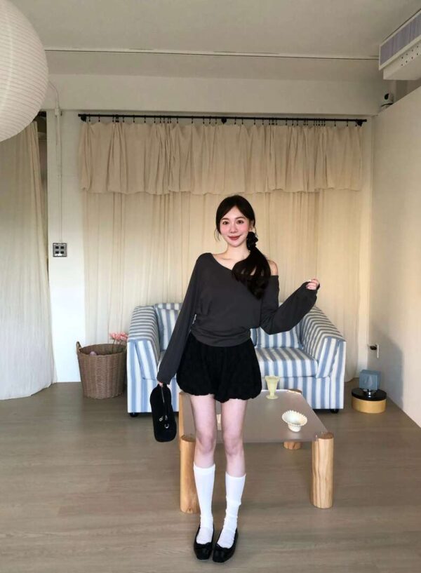 AB06 優雅黛西的斜肩腰身柔軟天絲上衣