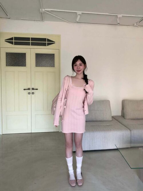 AB02 Audrey奧黛麗的針織蕾絲背心洋裝+小外套set