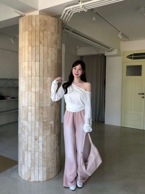 AB06 優雅黛西的斜肩腰身柔軟天絲上衣