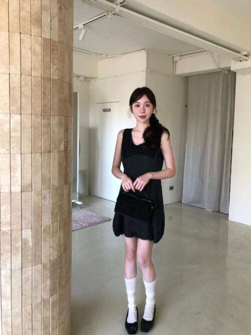 AB01 Monet莫奈的高級緞面蕾絲蝴蝶結短洋裝