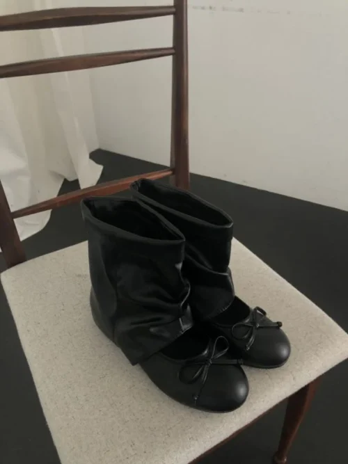 AD54 Odette歐黛特的芭蕾蝴蝶結皮革短靴