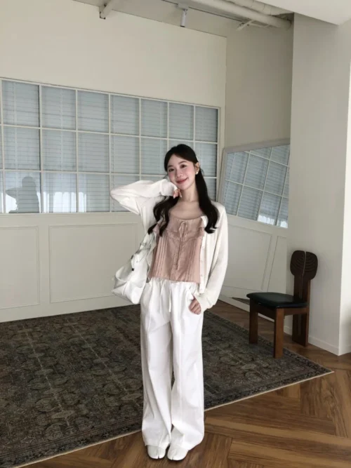 AD31 Inès伊奈絲柔白抽繩直筒長褲