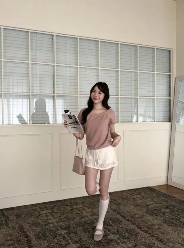 AD03 Passy帕西柔霧粉後綁帶針織上衣