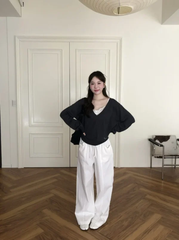 AD31 Inès伊奈絲柔白抽繩直筒長褲