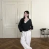 AD31 Inès伊奈絲柔白抽繩直筒長褲