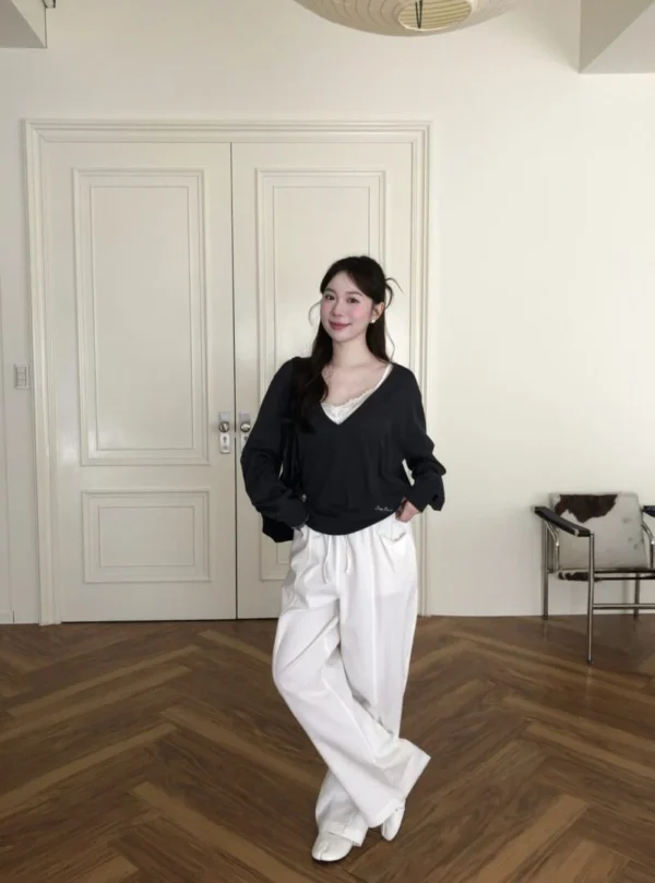 AD31 Inès伊奈絲柔白抽繩直筒長褲